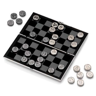 SILVER PLATED METAL TRAVEL CHESS AND DRAUGHTS SET