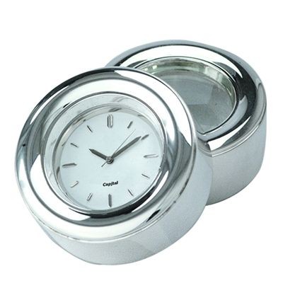 DUO METAL DESK CLOCK with Magnifier in Silver