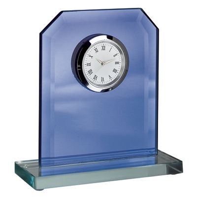 TROPHY AWARD CLOCK in Blue Glass with White Base