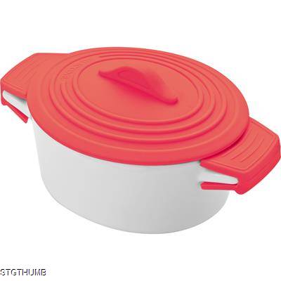 PORCELAIN FOOD POT with Silicon Lid & Heat Protected Handles in Red