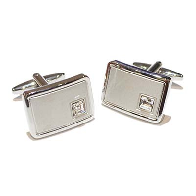 SILVER BRUSHED RECTANGULAR CUFF LINKS with Crystal