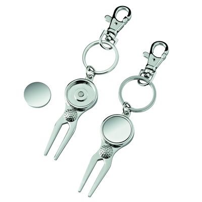 GOLF PITCH FORK & BALL MARKER KEYRING in Silver Metal