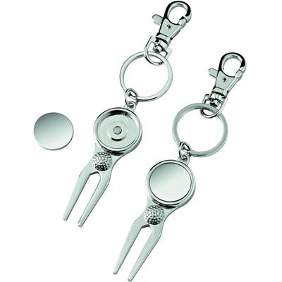GOLF PITCH MARK REPAIR FORK KEYRING in Silver Metal with Ball Marker