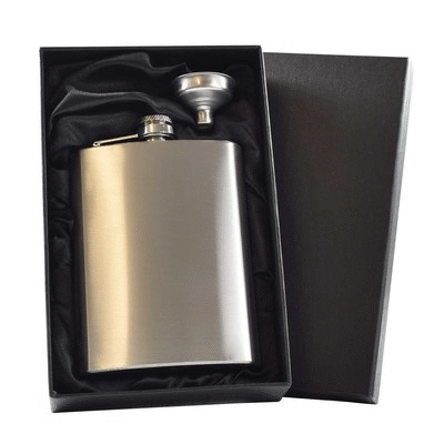 8OZ HIP FLASK in Silver with Funnel & Black Satin Lined Gift Box