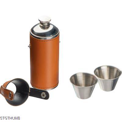 STAINLESS STEEL METAL HIP FLASK with 2 Pins in Brown