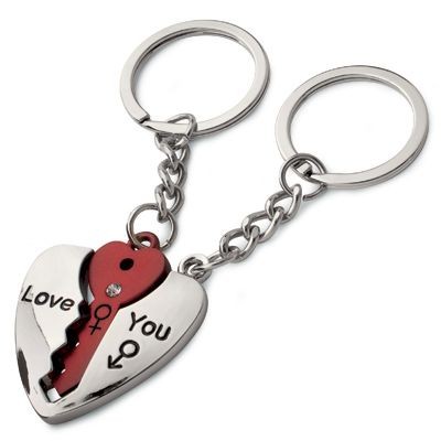 LOVE YOU HEART SILVER METAL KEYRING with Red Key