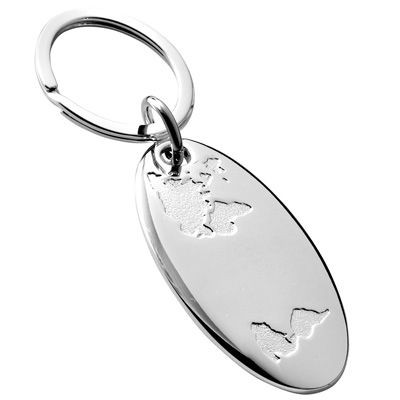 OVAL METAL KEYRING in Silver with World Map