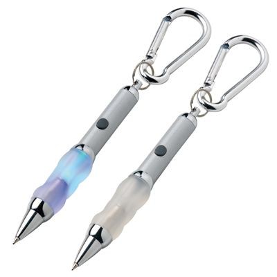METAL CARABINER BALL PEN in Silver with Blue Light