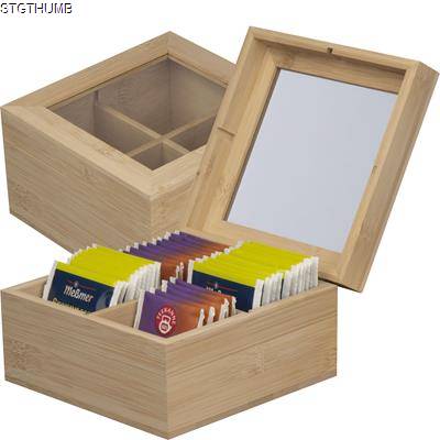 WOOD TEA BOX with Glass Lid in Beige