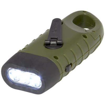 HELIOS RECYCLED PLASTIC SOLAR KINETIC DYNAMO DYNAMO TORCH with Carabiner in Army Green