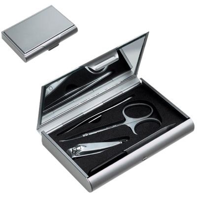 4 PIECE SILVER METAL MANICURE SET in Metal Box with Large Mirror Inside Lid