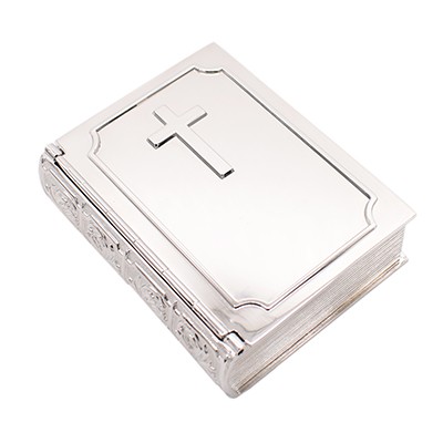 BIBLE THEMED TRINKET BOX SILVER FINISH with Cross Design