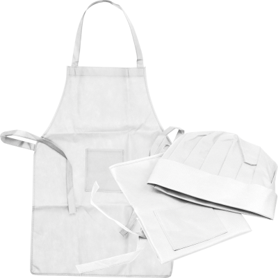 NON-WOVEN CHILDRENS COOKING SET (APRON + HAT) in White 