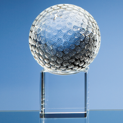 10CM OPTICAL CRYSTAL GOLF BALL ON a CLEAR TRANSPARENT CRYSTAL BASE