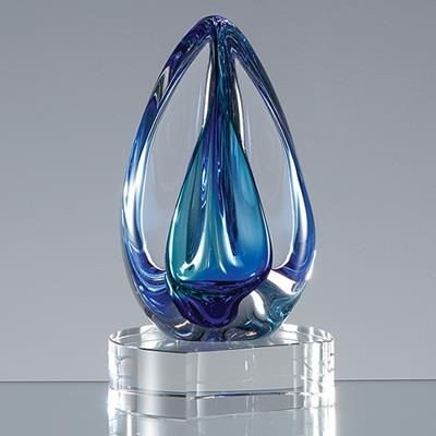 15CM HANDMADE GLASS BLUE & TEAL OVAL CRYSTALART AWARD; SKILLET