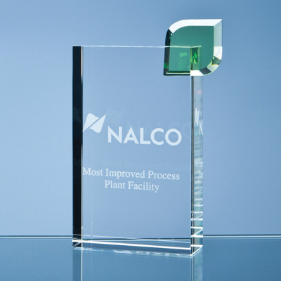 17CM OPTICAL CRYSTAL ECO EXCELLENCE AWARD with a Single Green Leaf