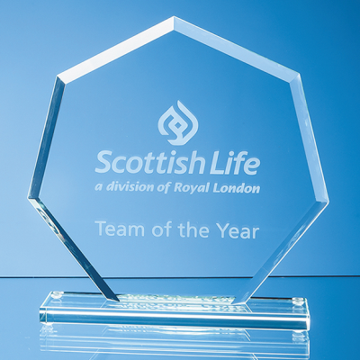 19CM x 19CM x 1CM JADE GLASS BEVELLED EDGE HEPTAGON AWARD