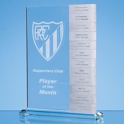 24CM x 17CM x 10MM CLEAR TRANSPARENT GLASS MONTHLY RECTANGULAR AWARD WITH 12 x WINNERS PLAQUES