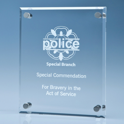25CM x 20CM CLEAR TRANSPARENT GLASS WALL DISPLAY PLAQUE INC FIXING KIT