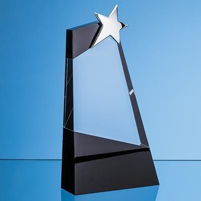 26CM CLEAR TRANSPARENT & ONYX BLACK OPTICAL CRYSTAL SLOPE AWARD WITH SILVER STAR