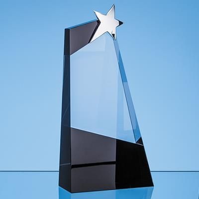 28CM CLEAR TRANSPARENT & ONYX BLACK OPTICAL CRYSTAL SLOPE AWARD WITH SILVER STAR
