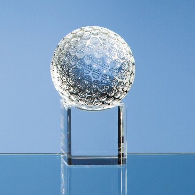 6CM OPTICAL CRYSTAL GOLF BALL ON a CLEAR TRANSPARENT CRYSTAL BASE
