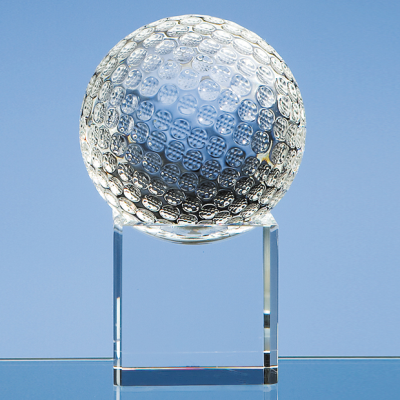 8CM OPTICAL CRYSTAL GOLF BALL ON a CLEAR TRANSPARENT CRYSTAL BASE