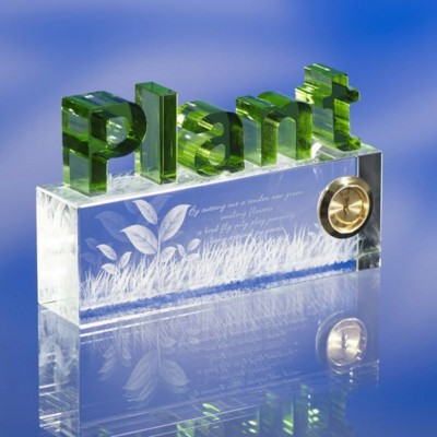 CLEAR TRANSPARENT GLASS AWARD TROPHY  with Clock