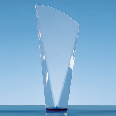 CLEAR TRANSPARENT OPTICAL CRYSTAL FACET SHARD AWARD with a Sapphire Blue Base