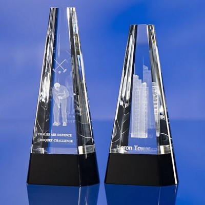 CRYSTAL GLASS CONE AWARD TROPHY  with Black Crystal Base