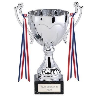 SILVER AWARD TROPHY CUP with Marble Base & Ribbon