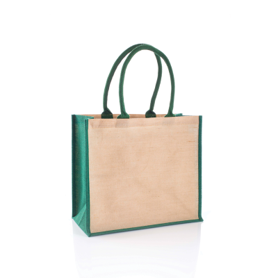 AMAZON JUTE & JUCO REUSABLE SHOPPER TOTE BAG with Green Handles & Gusset