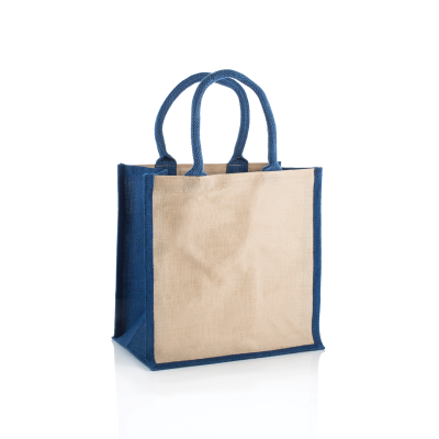 AMAZON JUTE & JUCO REUSABLE SHOPPER TOTE BAG with Navy Handles & Gusset