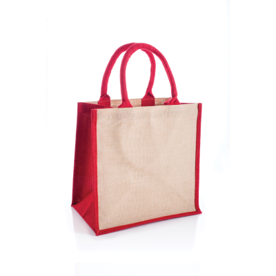 AMAZON JUTE & JUCO REUSABLE SHOPPER TOTE BAG with Red Handles & Gusset