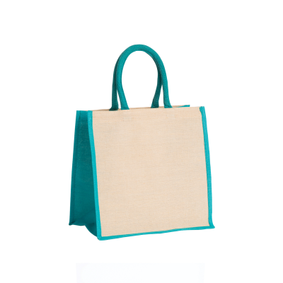 AMAZON JUTE & JUCO REUSABLE SHOPPER TOTE BAG with Teal Handles & Gusset