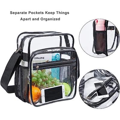 CLEAR TRANSPARENT PVC STADIUM APPROVED CROSSBODY MESSENGER SHOULDER BAG with Mesh Pockets