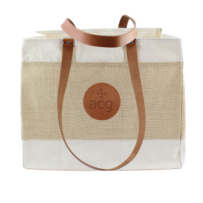 DELUXE JUTE & COTTON TOTE BAG with Chelsea Leather Handles - PROMOTIONAL CORPORATE GIFT