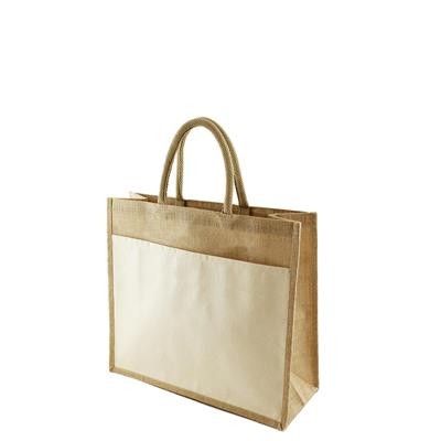 FUNO LAMINATED JUTE SHOPPER TOTE BAG with Canvas Pocket in Natural