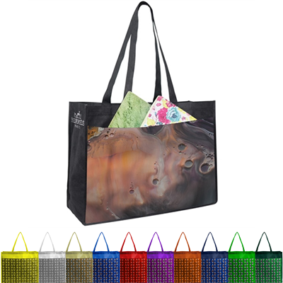 PET NON-WOVEN TOTE BAG with Sublimated Front Pocket & Gusset (18 Inch x 16 Inch x 5 Inch)