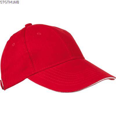 6 PANEL SANDWICH PEAK BASEBALL CAP in Red Heavy Brushed Cotton