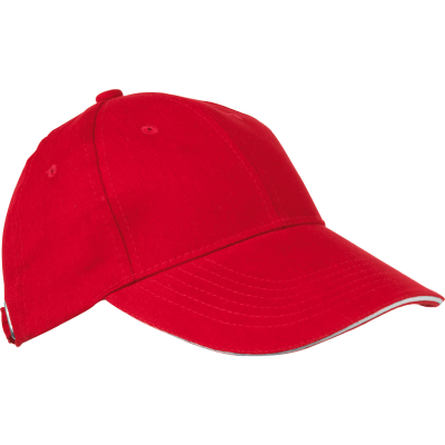 6 PANEL SANDWICH PEAK BASEBALL CAP in Red Heavy Brushed Cotton