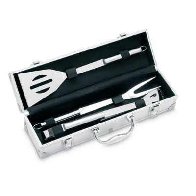 3 BBQ TOOLS in Aluminium Metal Case in Silver