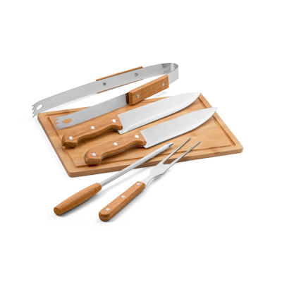 FLARE FIVE-PIECE WOOD AND STAINLESS STEEL METAL BARBECUE SET with Bamboo Board in Black