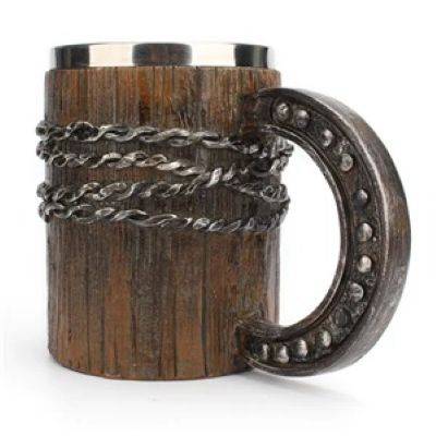 HORSESHOE HANDLE CHAIN WOOD BARREL STYLE BEER MUG