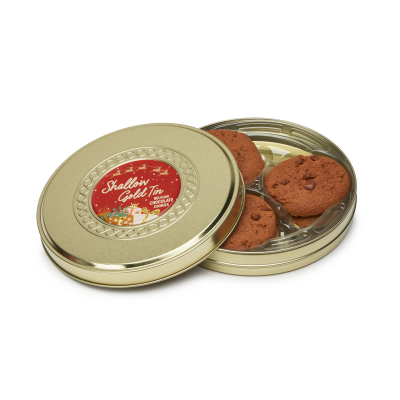 WINTER COLLECTION - SHALLOW GOLD TREAT TIN - BELGIAN CHOCOLATE COOKIE OR BISCUIT