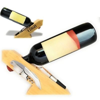 BAMBOO WINE BOTTLE HOLDER with Corkscrew Bottle Opener & Opener