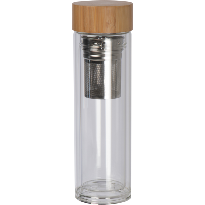 GLASS BOTTLE with Bamboo Lid & 420 Ml Capacity in Clear Transparent