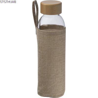 GLASS BOTTLE with Bamboo Lid & Jute Cover in Clear Transparent
