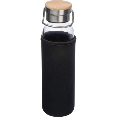 GLASS BOTTLE with Neoprene Sleeve, 600ml in Black