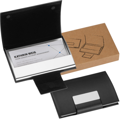 BUSINESS CARD HOLDER with Artificial Leather Covering in Black 